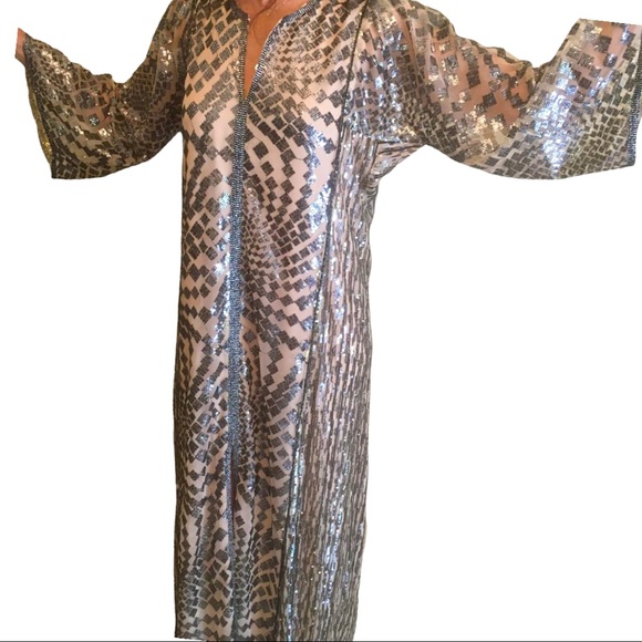 Anna Sui x BHLDN Cyrene Sm Silver Black Tan Sequin Geometric Kaftan Maxi Kimono - Picture 14 of 16